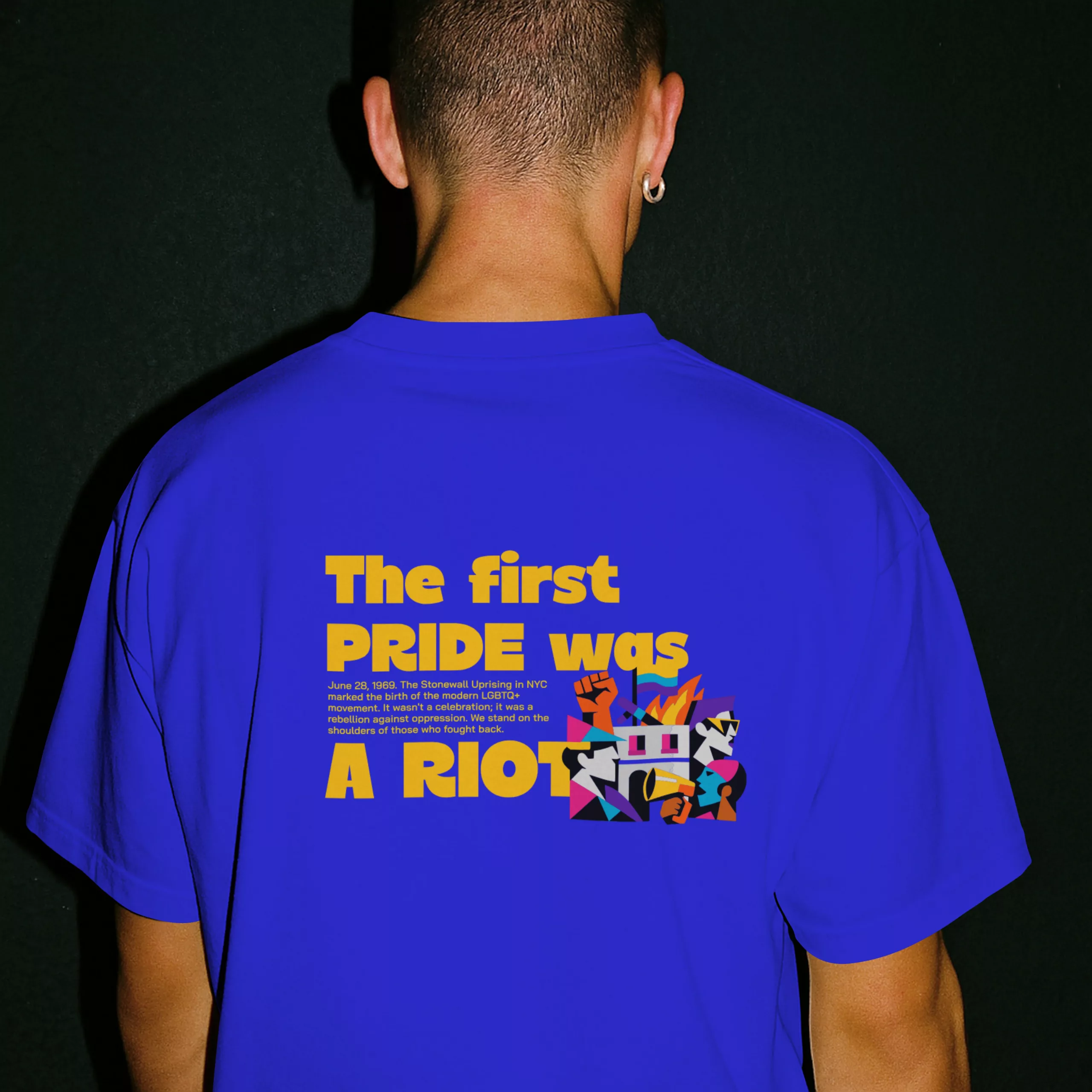 Mockup -T-Shirt The first Pride was a Riot Blau Mann Back